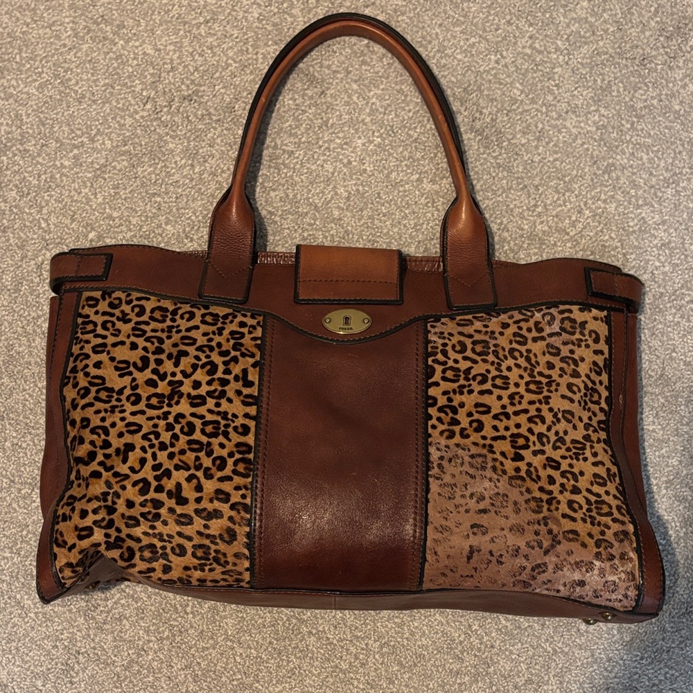 Fossil Brown Leopard Print Weekender Women's Bag - Picture 4 of 7